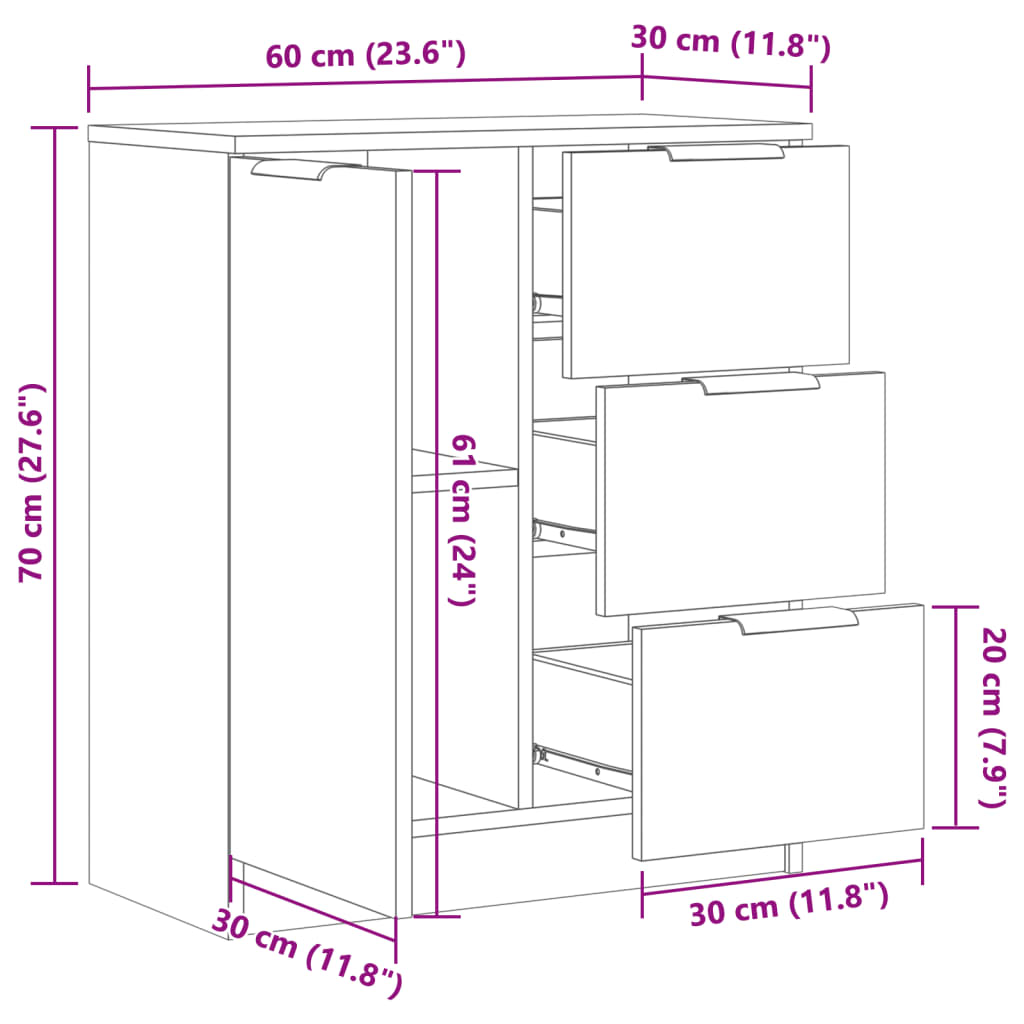 Dressoir 60x30x70 cm bewerkt hout oud houtkleurig