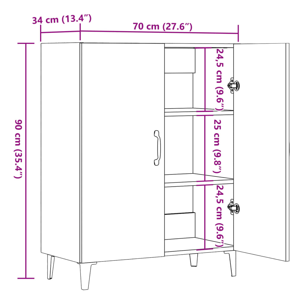 Dressoir 70x34x90 cm bewerkt hout oud houtkleurig