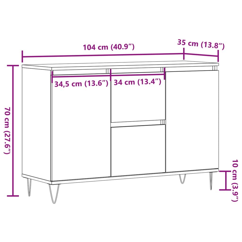 Dressoir 104x35x70 cm bewerkt hout oud houtkleurig