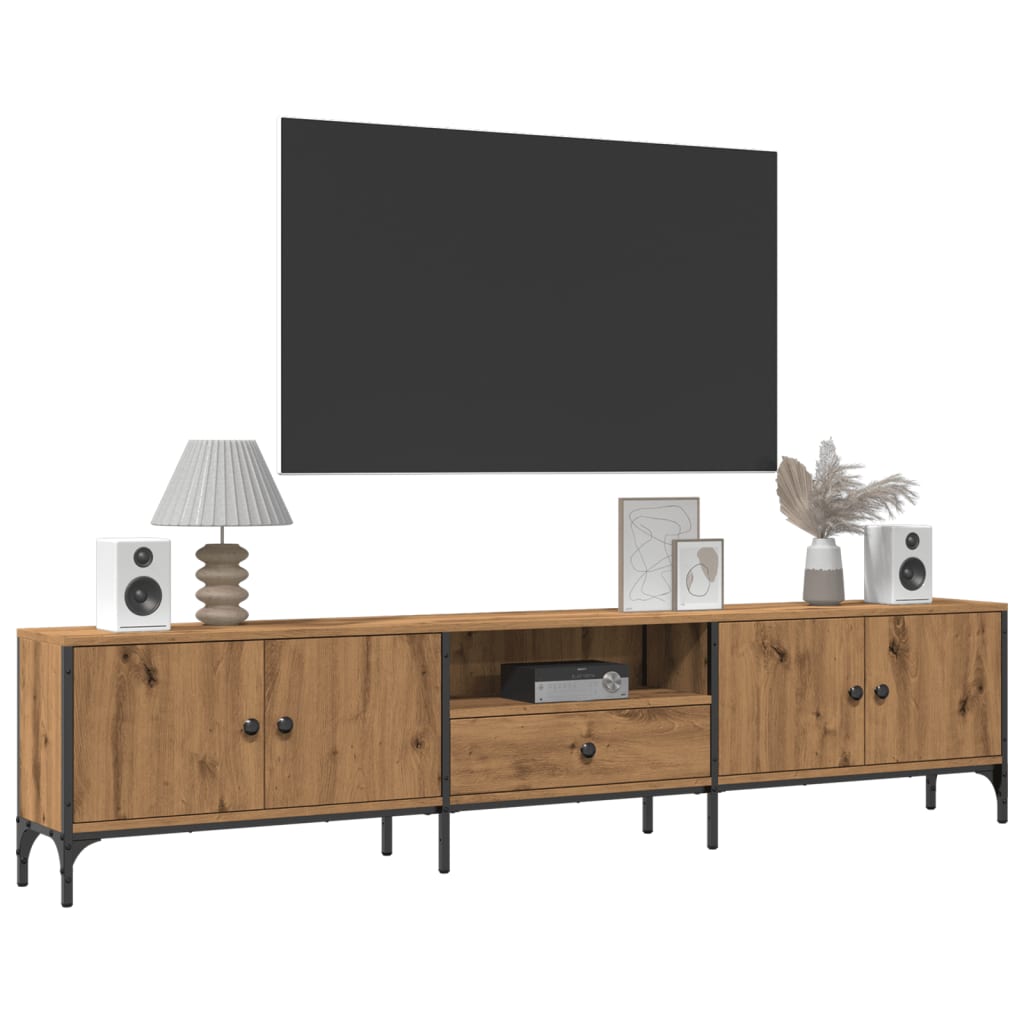 Tv-meubel met lade 200x25x44 cm bewerkt hout artisanaal eiken