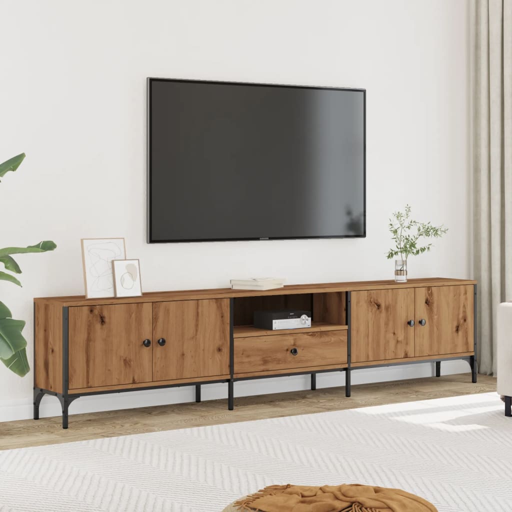 Tv-meubel met lade 200x25x44 cm bewerkt hout artisanaal eiken