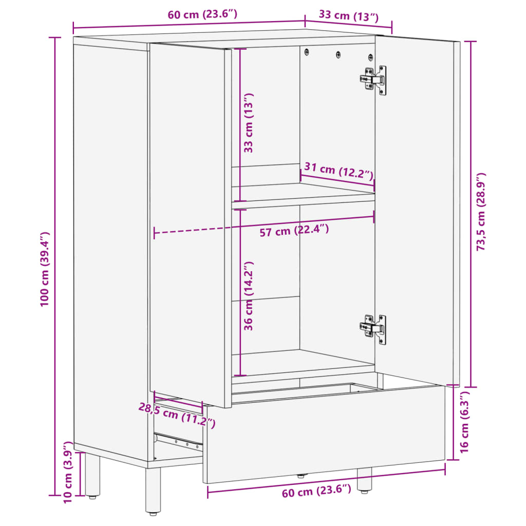 Hoge kast 60x33x100 cm bewerkt hout zwart