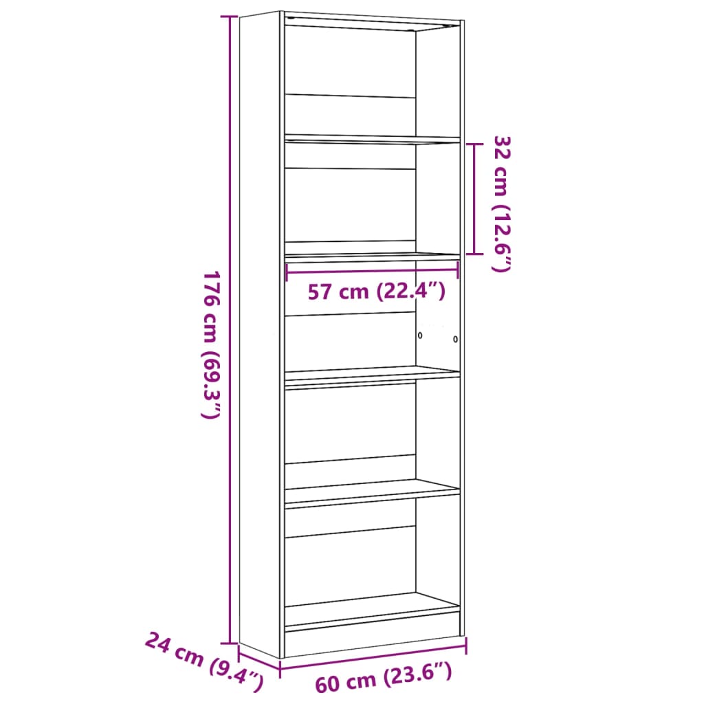 Boekenkast 60x24x176 cm bewerkt hout zwart