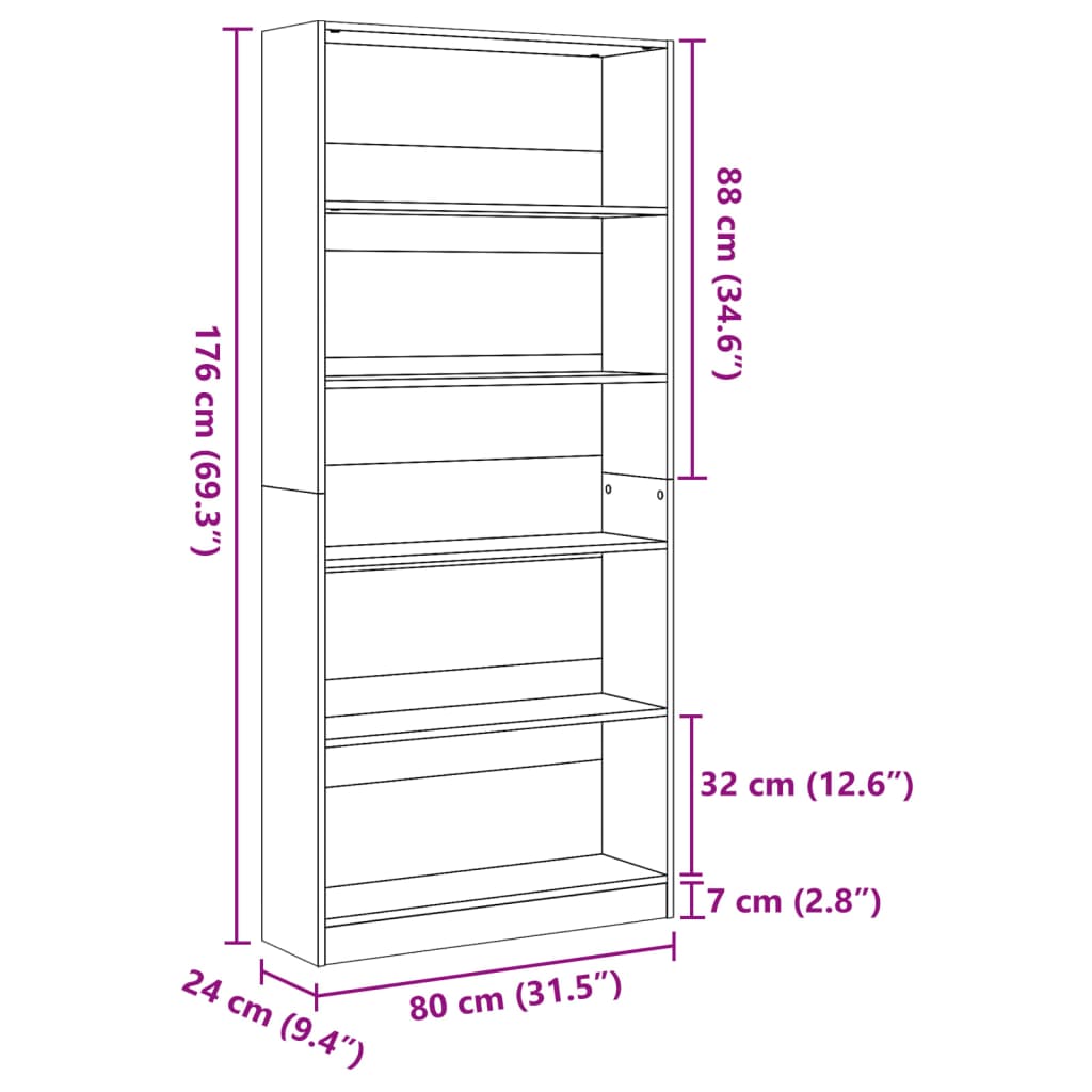 Boekenkast 80x24x176 cm bewerkt hout zwart