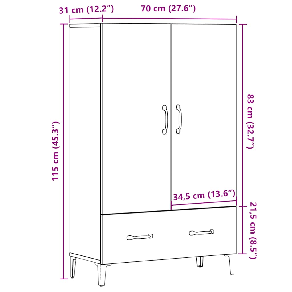 Hoge kast 70x31x115 cm bewerkt hout oud houtkleurig