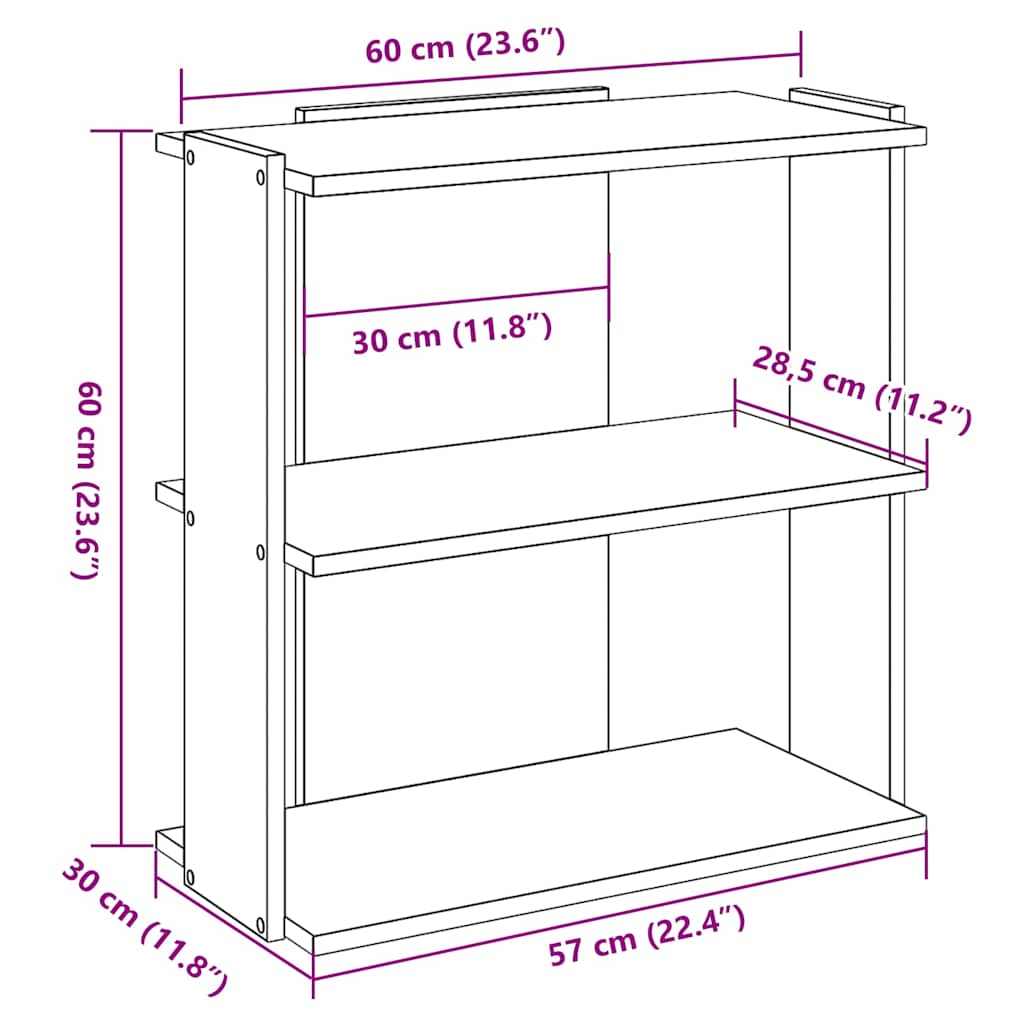 Boekenkast 3-laags 60x30x60 cm bewerkt hout oud houtkleur